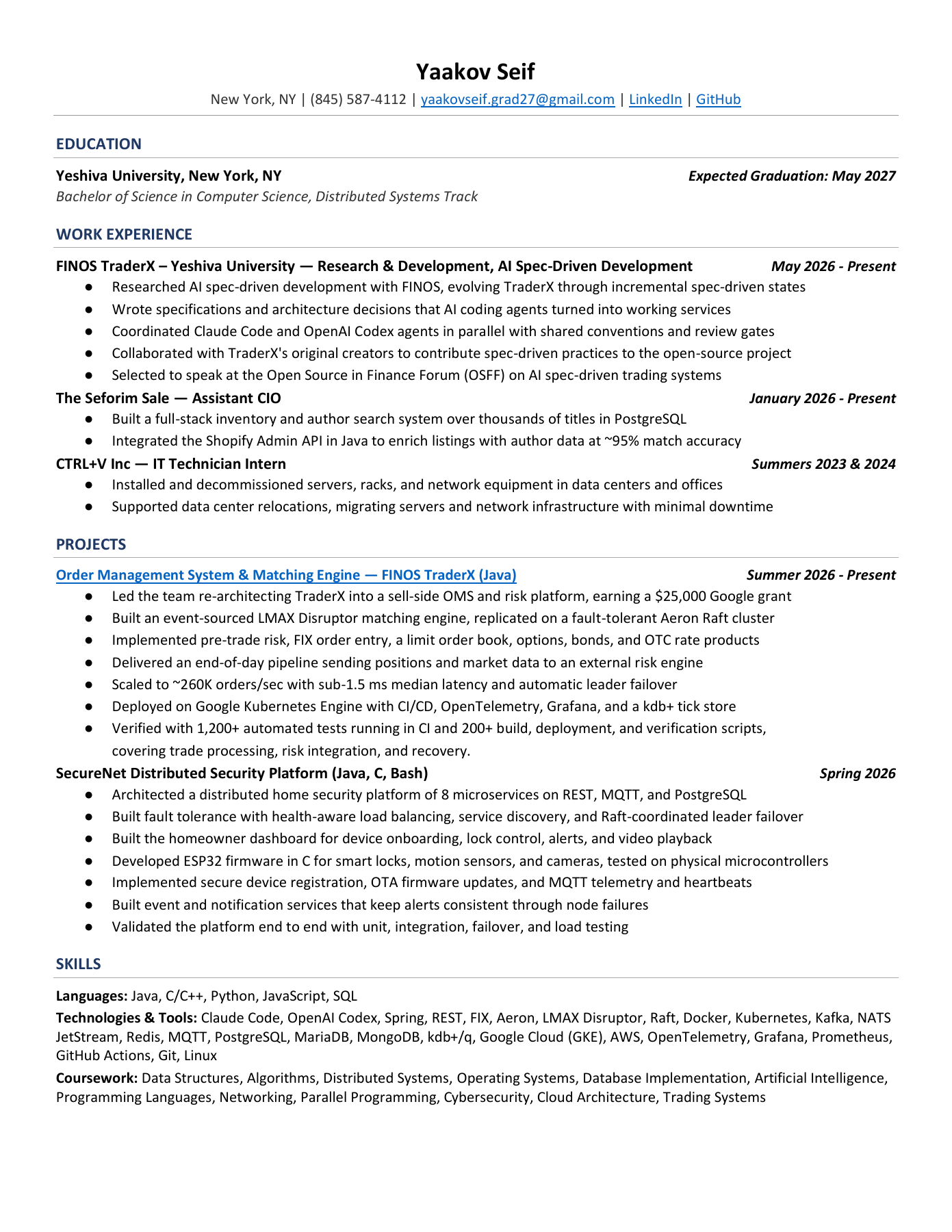 Yaakov Seif's resume: education, work experience, TraderX and SecureNet projects, and technical skills